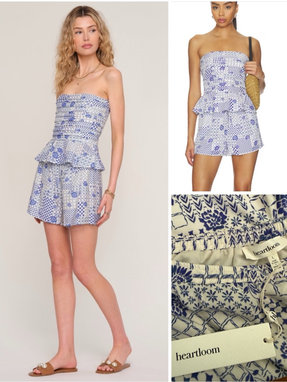 2 Piece Set Patchwork Strapless Peplum Top Drawstring Shorts Large Heartloom